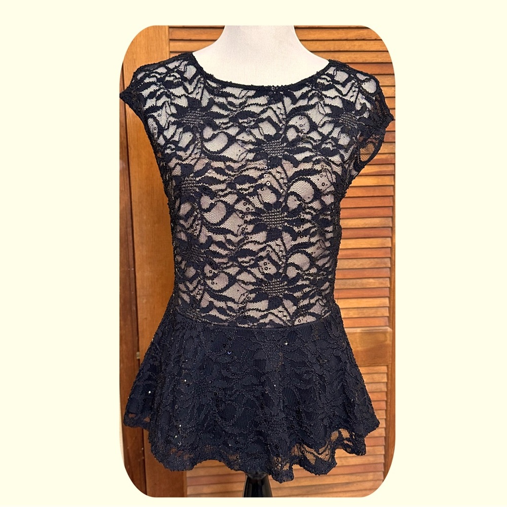 Black Lace Shear & Lined Special Occasion Peplum Top with Sequins.